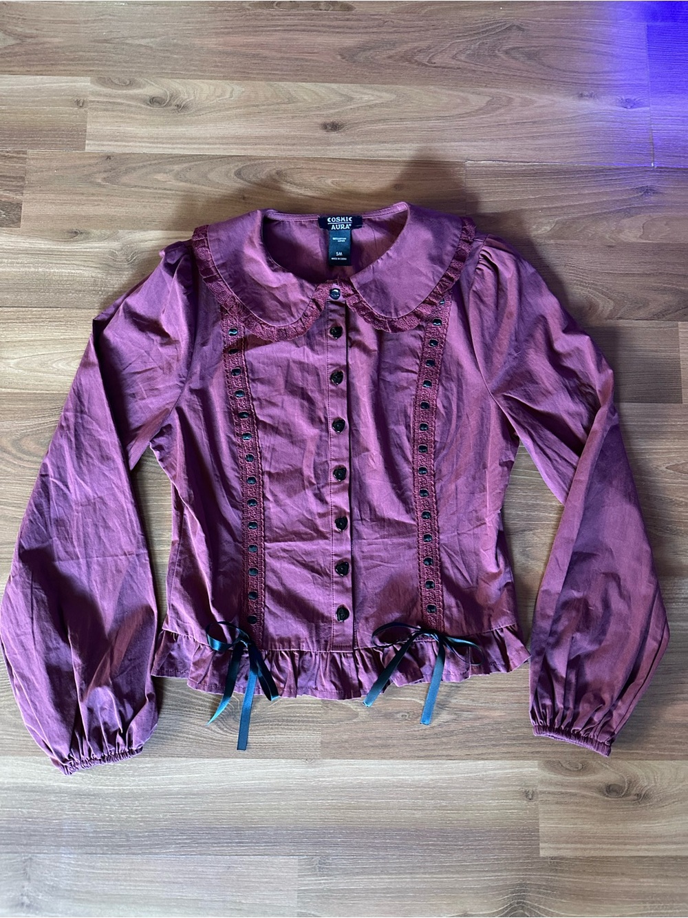 Cosmic Aura Burgundy Ruffle-Trim Heart Button Front Blouse